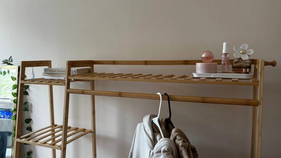 Bamboo Clothing Rack with Hanging Rod and Shelves - photo 2