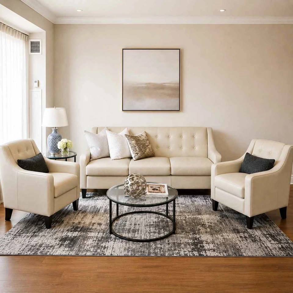 LIND Leather Sofa & 2 Chairs - Mid-Century Modern Cream Beige