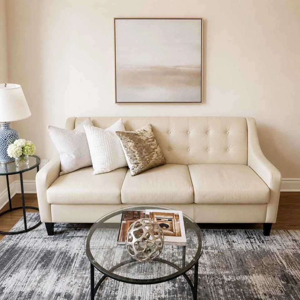 LIND Leather Sofa & 2 Chairs - Mid-Century Modern Cream Beige - photo 2