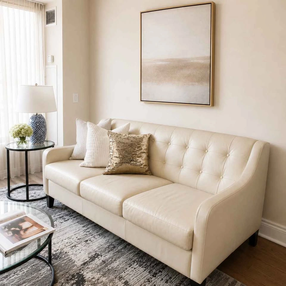 LIND Leather Sofa & 2 Chairs - Mid-Century Modern Cream Beige - photo 3