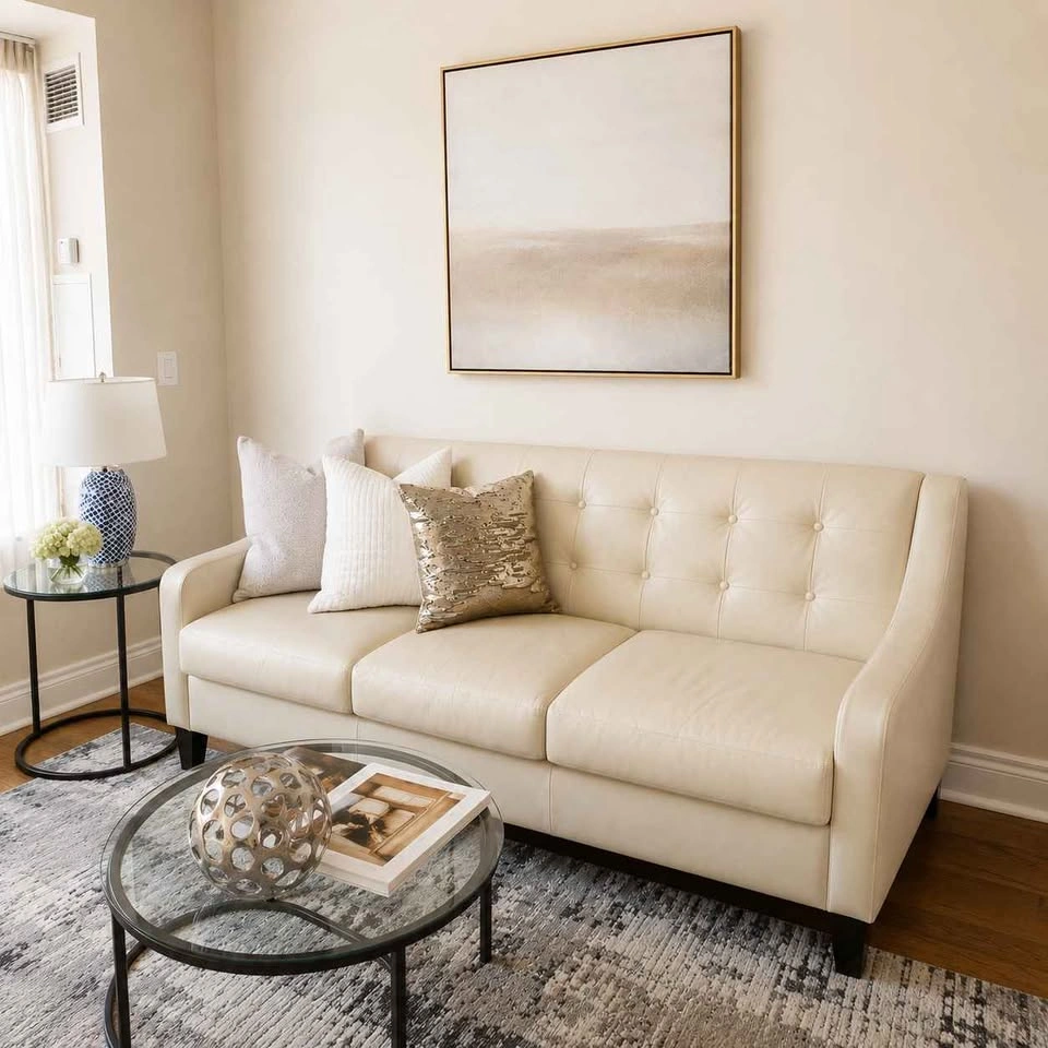 LIND Leather Sofa & 2 Chairs - Mid-Century Modern Cream Beige - photo 4