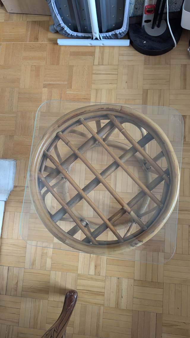 Rattan Wood Table, Coffee Dining Table with Glass Square Top - photo 2
