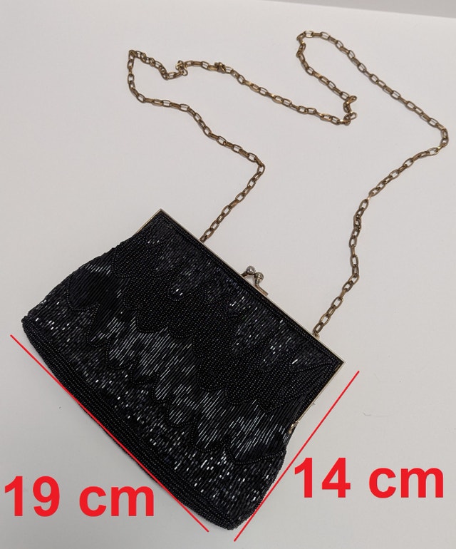 Vintage Black/Gold Bugle Glass Beaded Pouch Purse