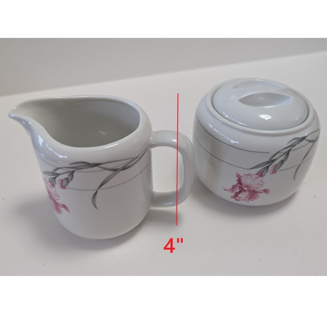 Vintage Creamer & Sugar bowl Pink Orchids 1970s Japan