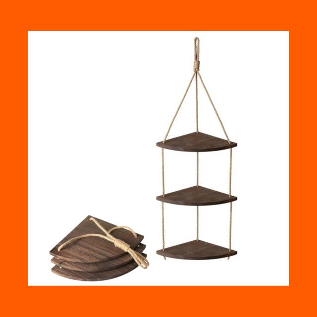 HANGING CORNER SHELF, Natural Wood and JUTE-ROPE (3-Tier)