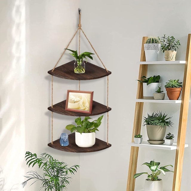 HANGING CORNER SHELF, Natural Wood and JUTE-ROPE (3-Tier) - photo 2