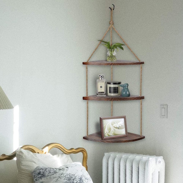 HANGING CORNER SHELF, Natural Wood and JUTE-ROPE (3-Tier) - photo 4