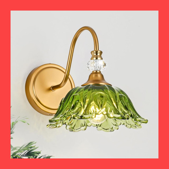 Wall Sconce with Floral Green Glass Shade, Antique Brass Finish