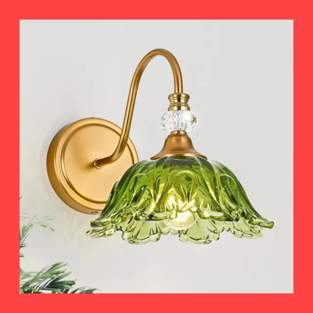 Wall Sconce with Floral Green Glass Shade, Antique Brass Finish