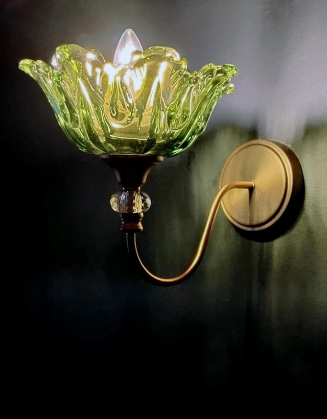 Wall Sconce with Floral Green Glass Shade, Antique Brass Finish - photo 4