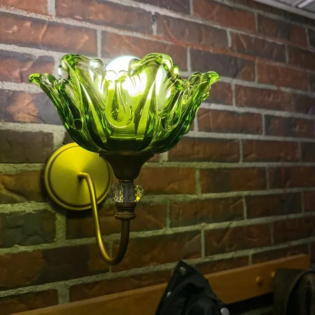 Wall Sconce with Floral Green Glass Shade, Antique Brass Finish - photo 5