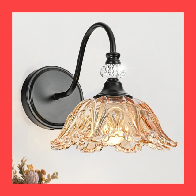 Wall Sconce with Floral Amber Glass Shade, Matte Black Finish