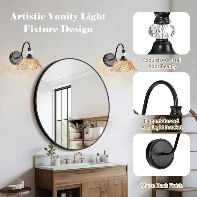 Wall Sconce with Floral Amber Glass Shade, Matte Black Finish - photo 3
