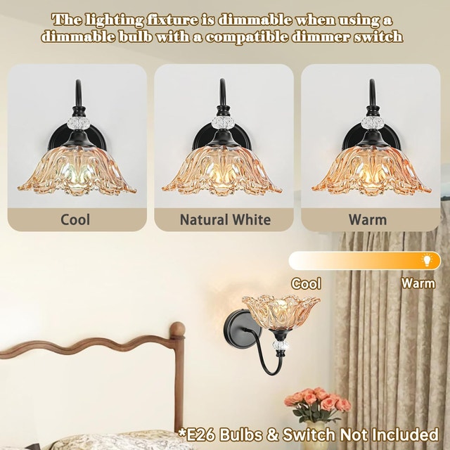 Wall Sconce with Floral Amber Glass Shade, Matte Black Finish - photo 4