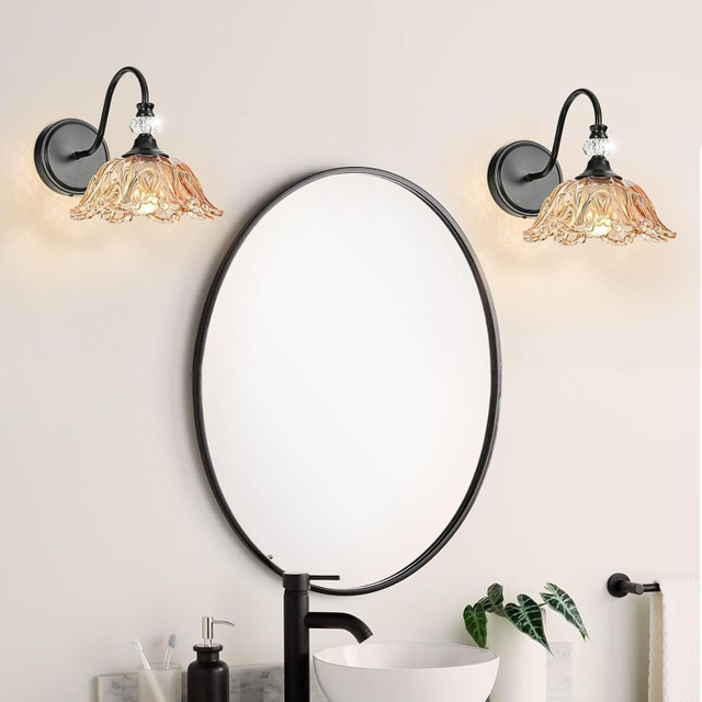 Wall Sconce with Floral Amber Glass Shade, Matte Black Finish - photo 5