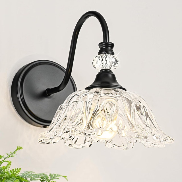 Wall Sconces with Floral Clear Glass Shades, Black Base