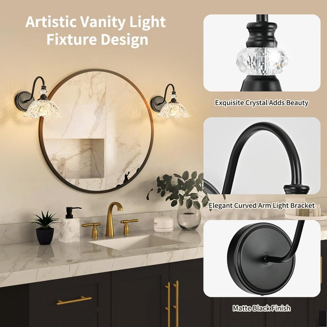 Wall Sconces with Floral Clear Glass Shades, Black Base - photo 2