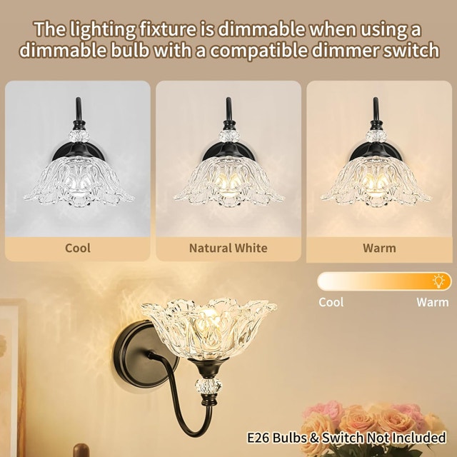 Wall Sconces with Floral Clear Glass Shades, Black Base - photo 3