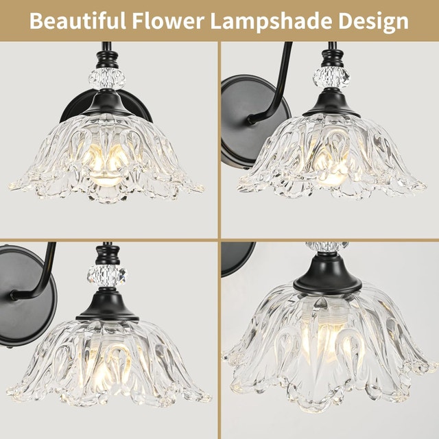 Wall Sconces with Floral Clear Glass Shades, Black Base - photo 4
