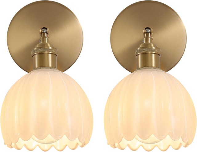 Wall Sconce PAIR, White Tulip Glass Lampshade, 180 Degree Adjust