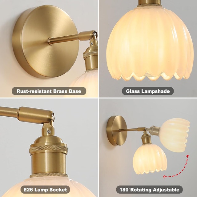 Wall Sconce PAIR, White Tulip Glass Lampshade, 180 Degree Adjust - photo 4