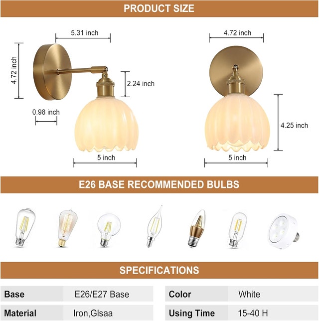 Wall Sconce PAIR, White Tulip Glass Lampshade, 180 Degree Adjust - photo 5