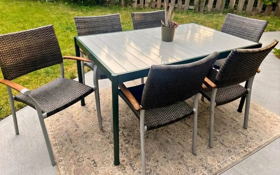 7 Piece Outdoor Dining Set – Ratana Wicker Armchairs + Aluminum