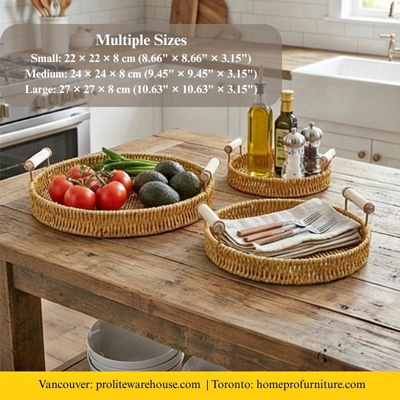 Woven Rattan Look Round Tray with Side Handles