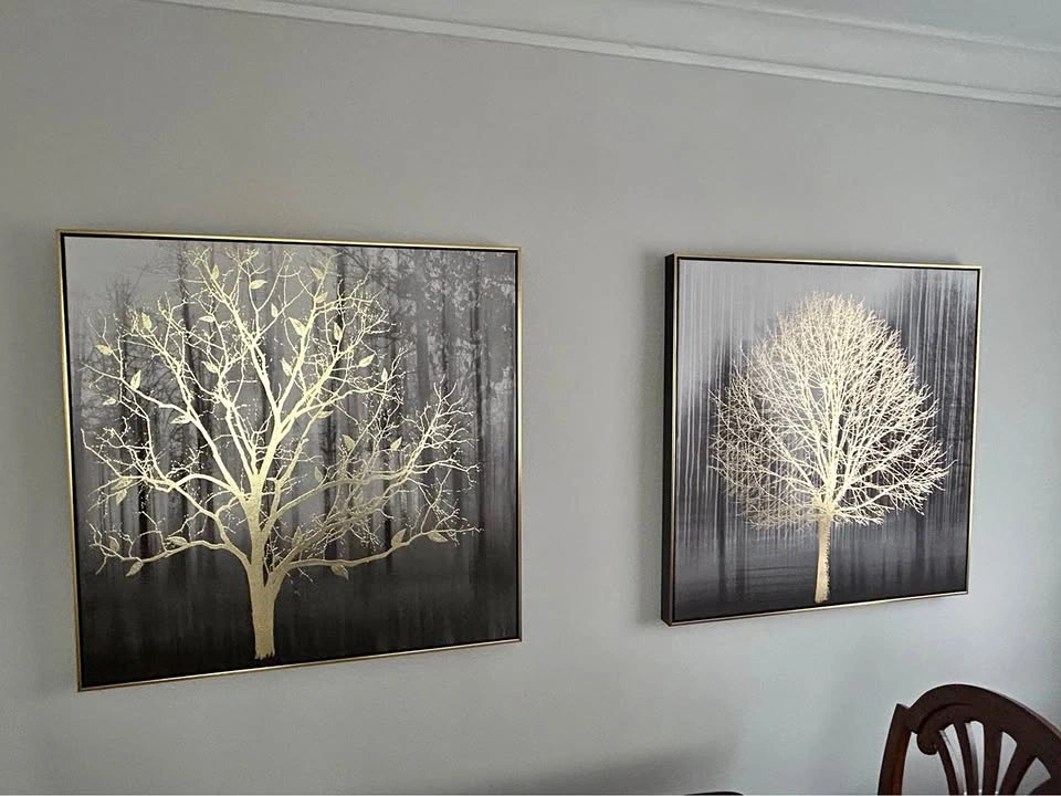 Pair of Gold, Black, Grey Wall Art with Gold Frames