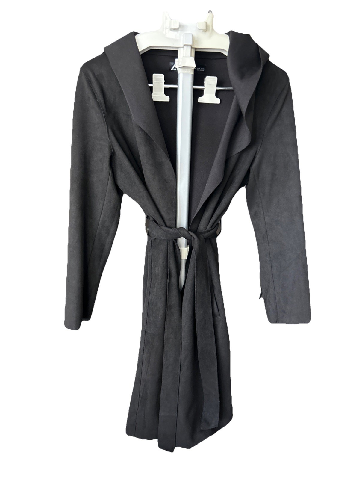 ZARA Black Faux Suede Wrap Jacket with Hood, Size M - photo 4