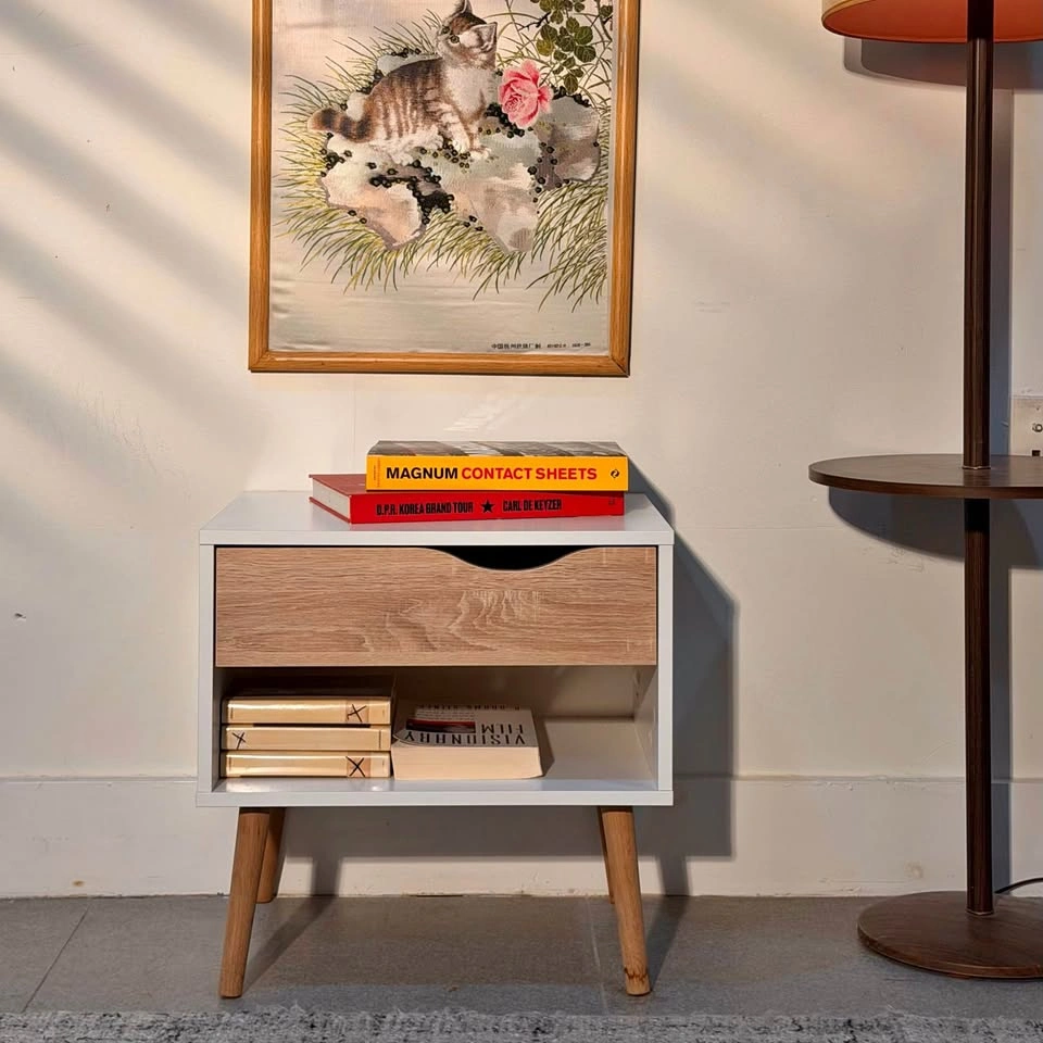 Midcentury Modern Style Nightstand with Drawer and Shelf + wood