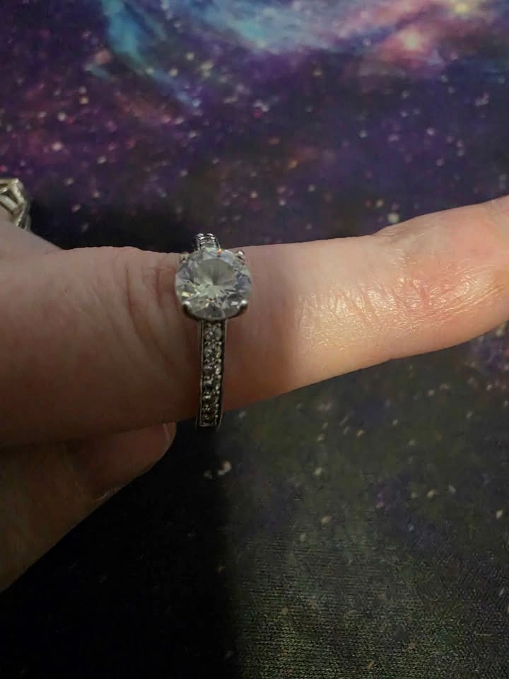 Silver Round Cut Solitaire Ring with Pave Band - photo 2
