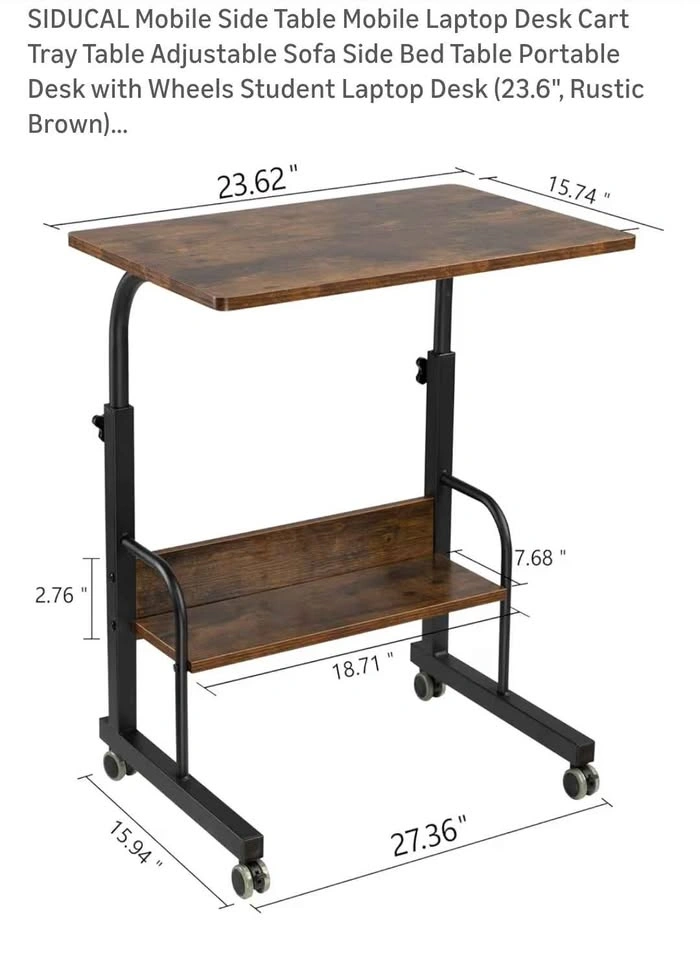 Adjustable Mobile C-Shaped Laptop Desk with Wheels Rustic Brown - photo 2