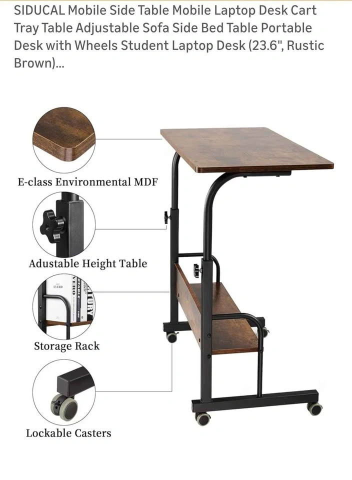 Adjustable Mobile C-Shaped Laptop Desk with Wheels Rustic Brown - photo 3