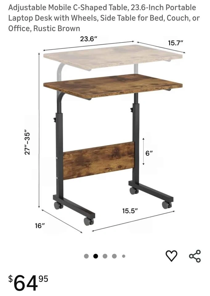 Adjustable Mobile C-Shaped Laptop Desk with Wheels Rustic Brown - photo 4