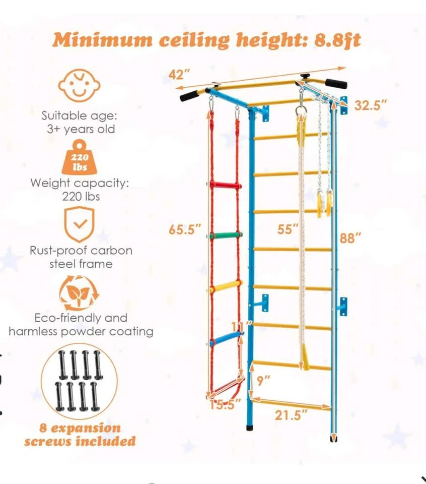 Kids Ladder Wall Set for Exercise with Steel Stall Bars - photo 4