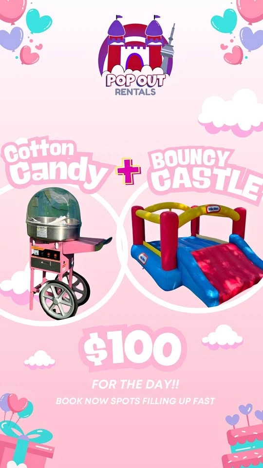🎉 PARTY COMBO – $100! 🎉 Bouncy Castle + Cotton Candy Machine 🍭🎈