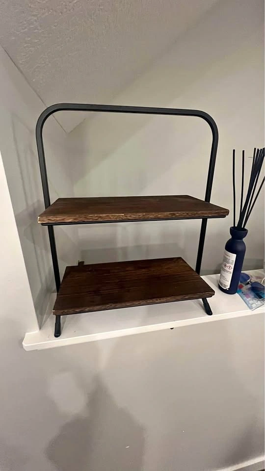 Rustic 2-Tier Shelf / Counter Organizer – Wood & Black Metal