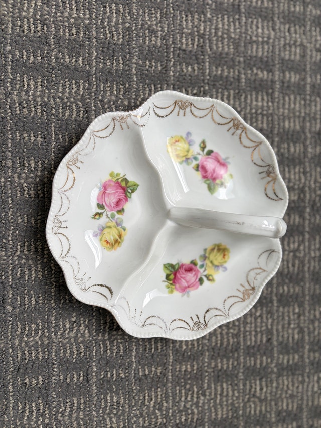Vintage 3-Section Porcelain Candy Dish with Handle
