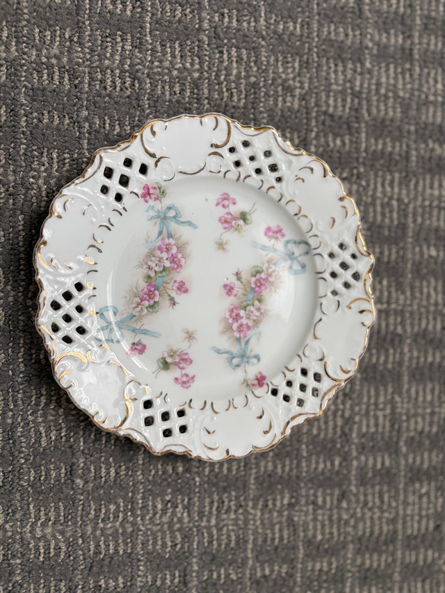 Antique Porcelain Plate - Floral, Gold Trim, Ribbon