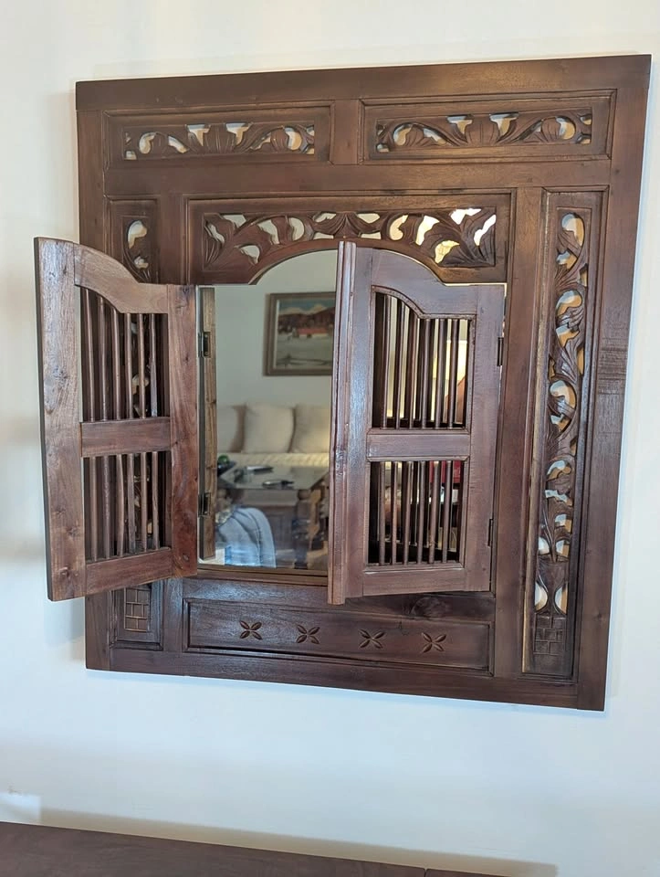 Large Hand-Carved Wood Shutter Mirror - 32" x 35"