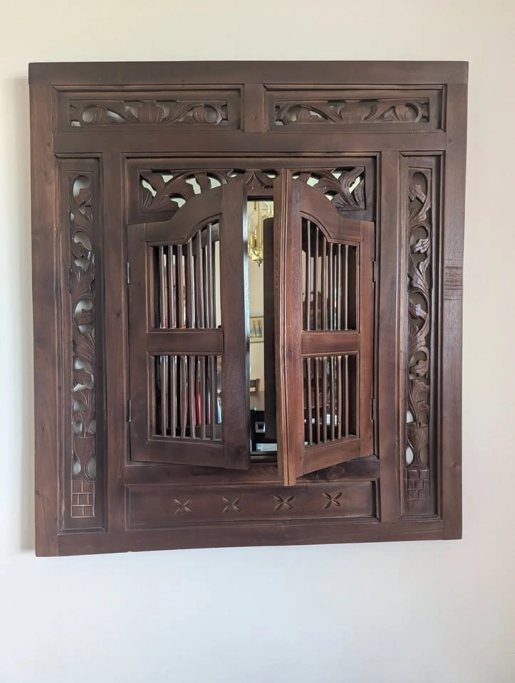 Large Hand-Carved Wood Shutter Mirror - 32" x 35" - photo 2