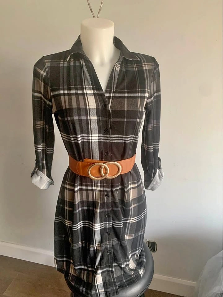 Black & Cream Plaid Button-Up Shirt Dress