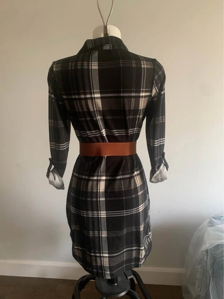 Black & Cream Plaid Button-Up Shirt Dress - photo 2