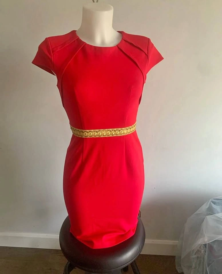 Red Fitted Short-Sleeve Dress with Gold Trim