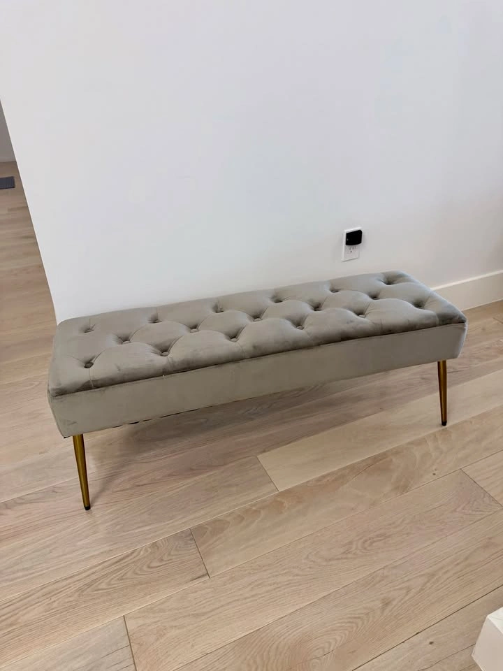 Gray Velvet Ottoman Bench, Button-Tufted, Bronze legs