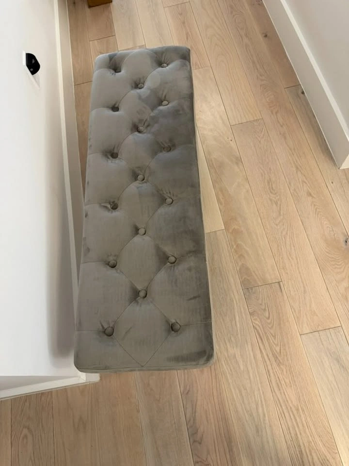 Gray Velvet Ottoman Bench, Button-Tufted, Bronze legs - photo 2