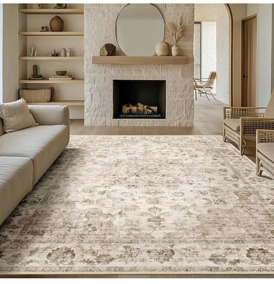 8x10 Washable Area Rug - Beige Floral Vintage