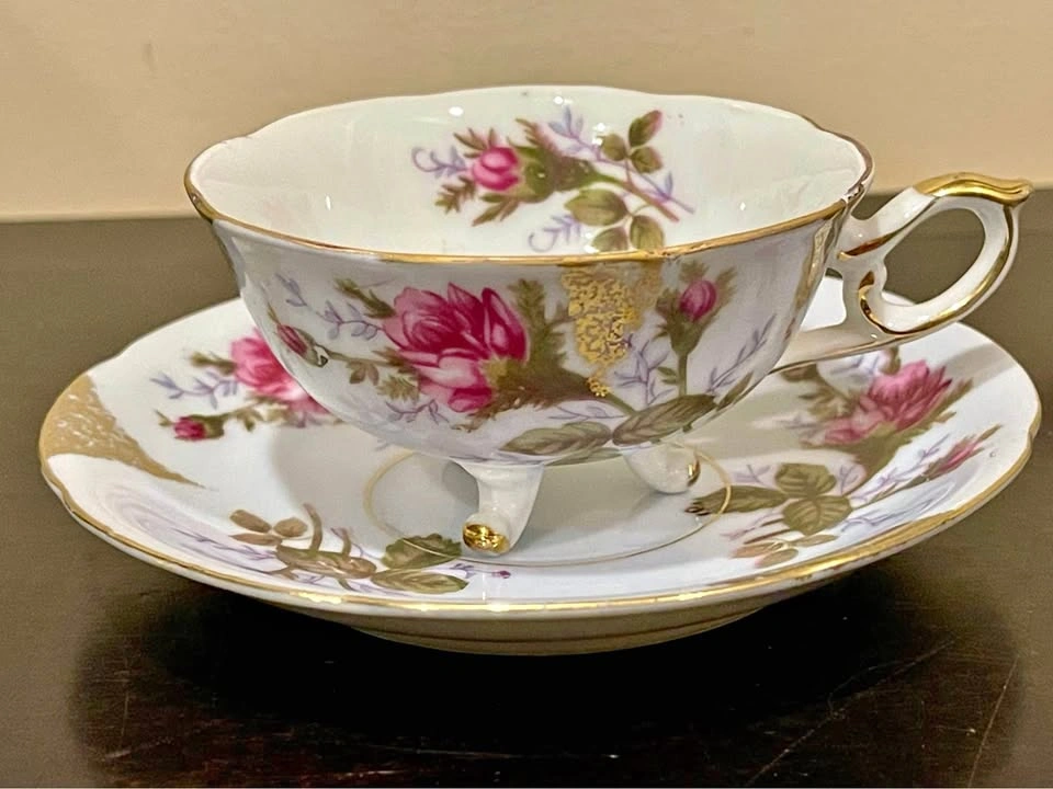 Rare vintage small teacup, gold trim, flowers, light blue, Japan