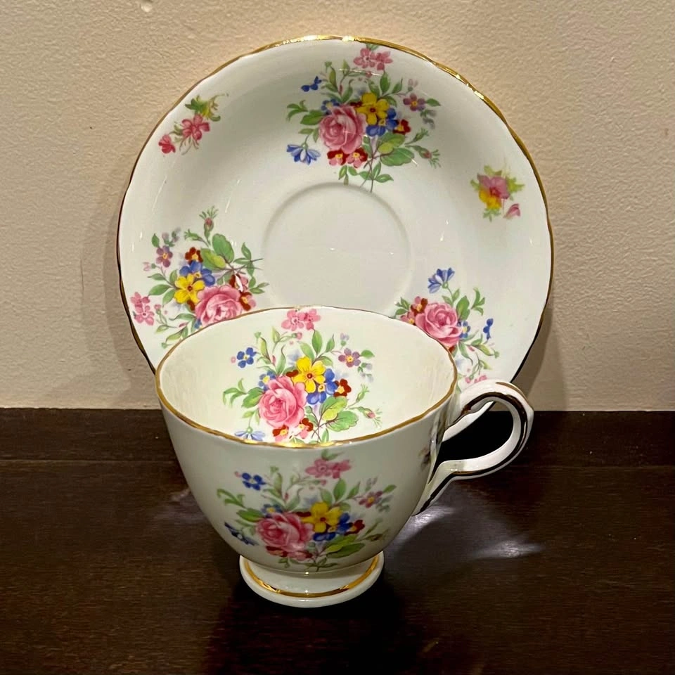 Vintage Delphine Floral Tea Cup and Saucer Set with Gold Trim